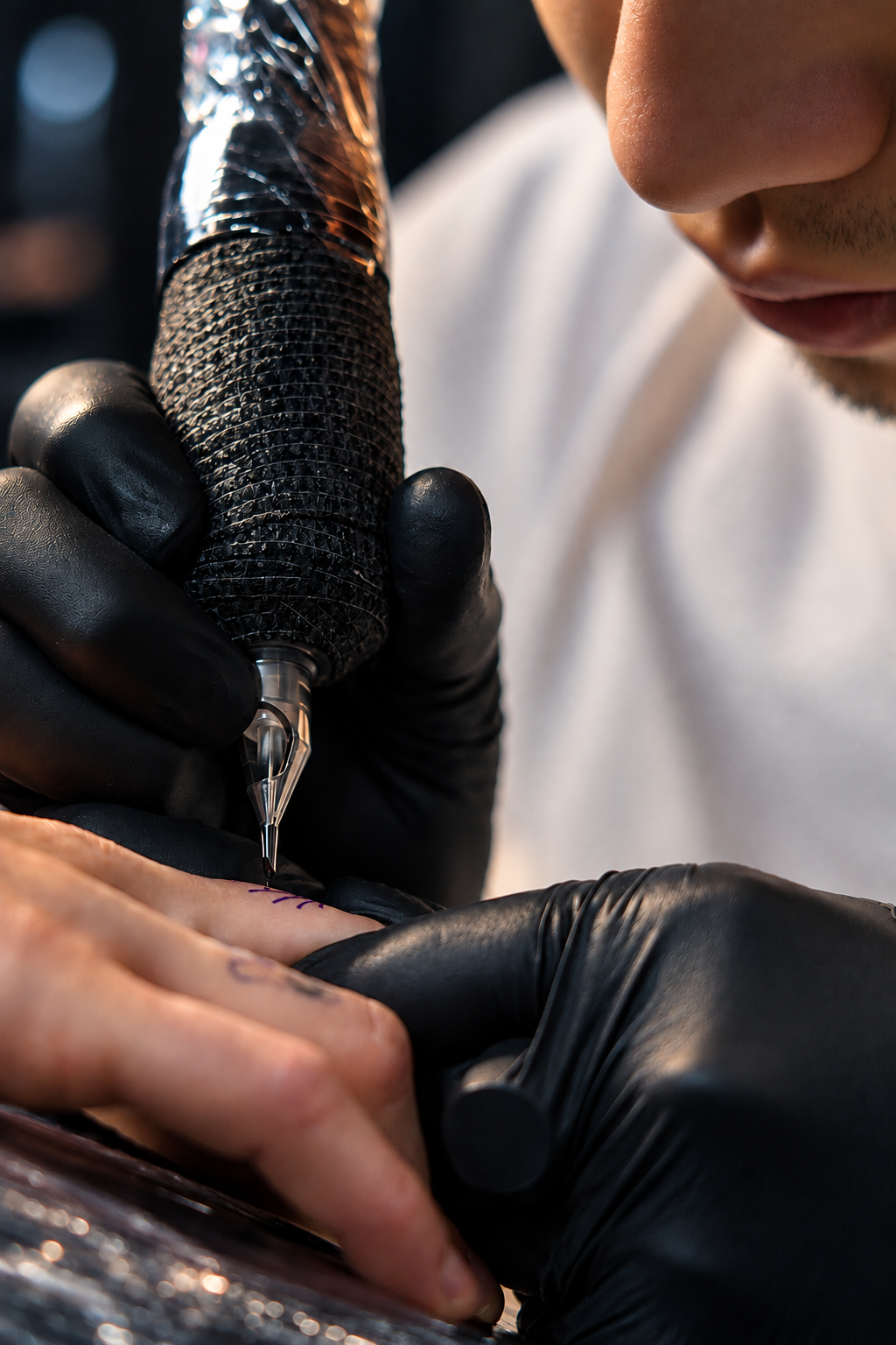 Detalle de la técnica de tatuaje: manos con guantes y máquina en acción